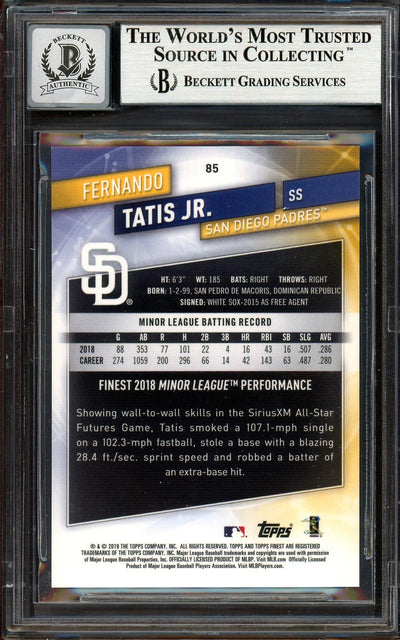 Fernando Tatis Jr. Autographed 2019 Topps Finest Purple Refractor Rookie Card #85 San Diego Padres Auto Grade Gem Mint 10 #87/250 Beckett BAS #13605904