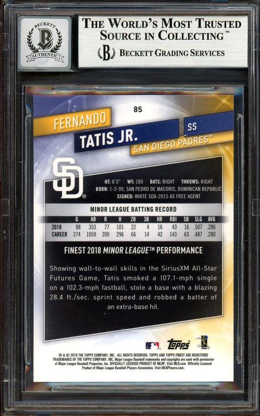 Fernando Tatis Jr. Autographed 2019 Topps Finest Purple Refractor Rookie Card #85 San Diego Padres Auto Grade Gem Mint 10 #87/250 Beckett BAS #13605904