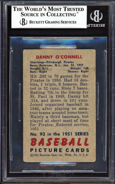 Danny O'Connell Autographed 1951 Bowman Rookie Card #93 Pittsburgh Pirates Beckett BAS #13608015