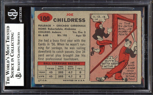 Joe Childress Autographed 1957 Topps Rookie Card #100 Chicago Cardinals Beckett BAS #13608290