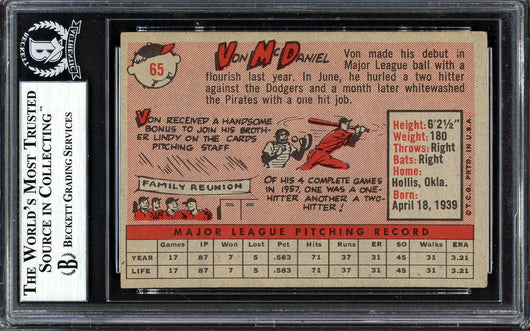 Von McDaniel Autographed 1958 Topps Rookie Card #65 St. Louis Cardinals Beckett BAS #13608412