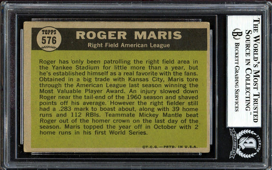 Roger Maris Autographed 1961 Topps Card #576 New York Yankees All-Star Beckett BAS #13608661