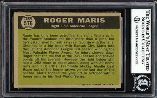 Roger Maris Autographed 1961 Topps Card #576 New York Yankees All-Star Beckett BAS #13608661