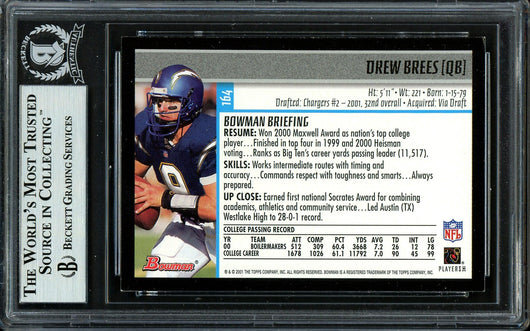 Drew Brees Autographed 2001 Bowman Rookie Card #164 San Diego Chargers Beckett BAS #13609277