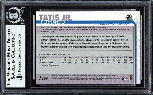 Fernando Tatis Jr. Autographed 2019 Topps Chrome Rookie Card #203 San Diego Padres (Bubbling) Beckett BAS #13609611