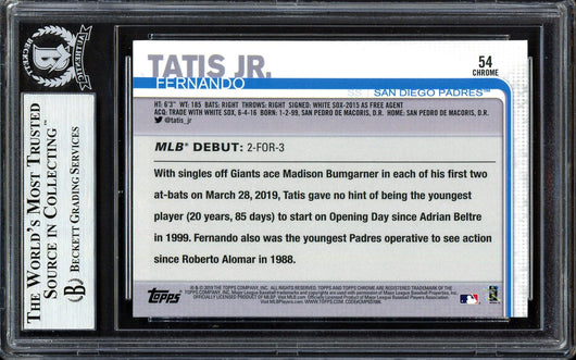 Fernando Tatis Jr. Autographed 2019 Topps Chrome Update Rookie Card #54 San Diego Padres Beckett BAS #13609658