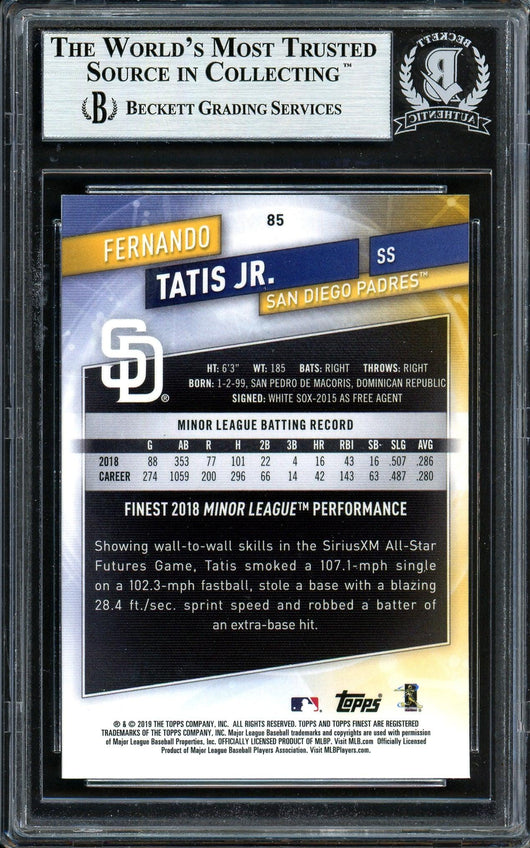 Fernando Tatis Jr. Autographed 2019 Topps Finest Rookie Card #85 San Diego Padres (Bubbling) Beckett BAS #13609740