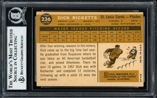 Dick Ricketts Autographed 1960 Topps Card #236 St. Louis Cardinals Beckett BAS #12056659