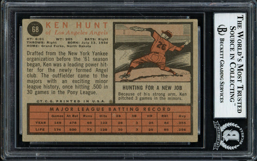 Ken Hunt Autographed 1962 Topps Card #68 Los Angeles Angels "Best Wishes" Beckett BAS #12056735