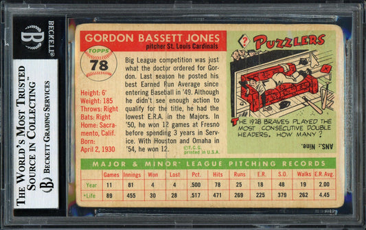 Gordon Jones Autographed 1955 Topps Rookie Card #78 St. Louis Cardinals Beckett BAS #12058875