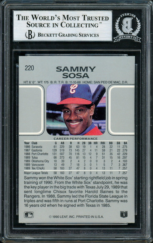 Sammy Sosa Autographed 1990 Leaf Rookie Card #220 Chicago White Sox Beckett BAS Stock #177672