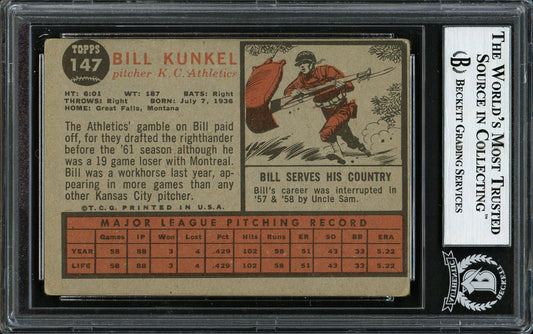 Bill Kunkel Autographed 1962 Topps Card #147 Kansas City A's Beckett BAS #12306050