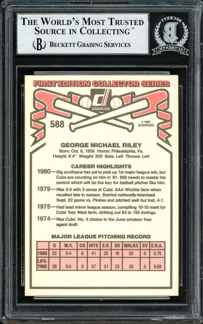 George Riley Autographed 1981 Donruss Rookie Card #588 Chicago Cubs Beckett BAS #12306792