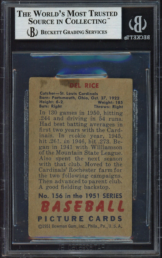 Del Rice Autographed 1951 Bowman Card #156 St. Louis Cardinals Beckett BAS #12486453