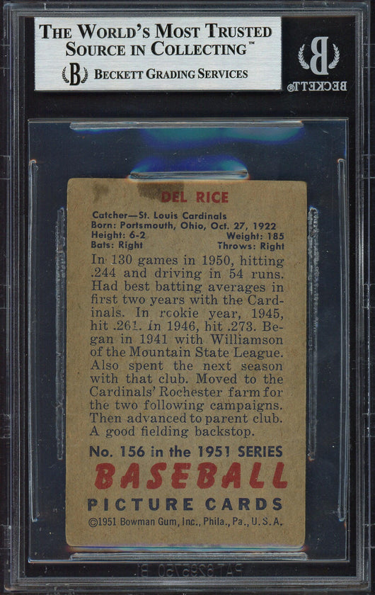Del Rice Autographed 1951 Bowman Card #156 St. Louis Cardinals Beckett BAS #12486453