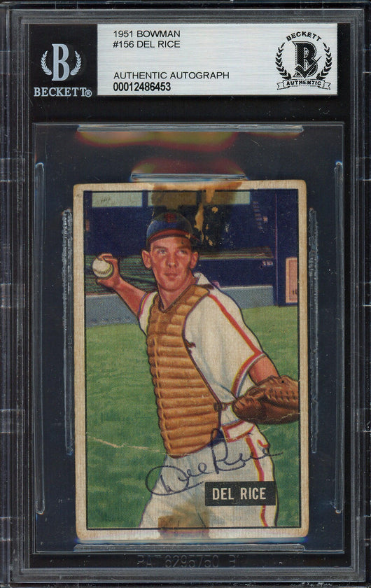 Del Rice Autographed 1951 Bowman Card #156 St. Louis Cardinals Beckett BAS #12486453