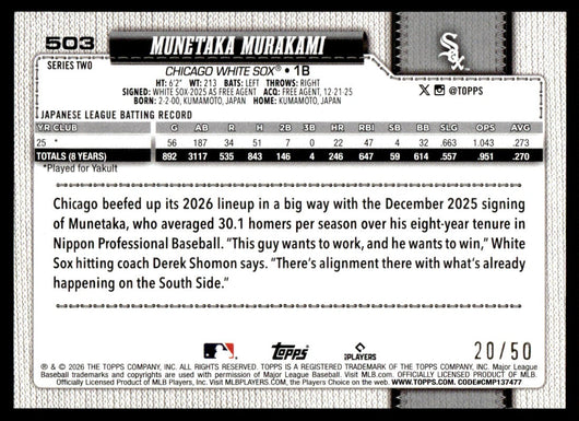 2026 Topps Series 2 #503 Munetaka Murakami Rookie RC True Gold Refractor /50