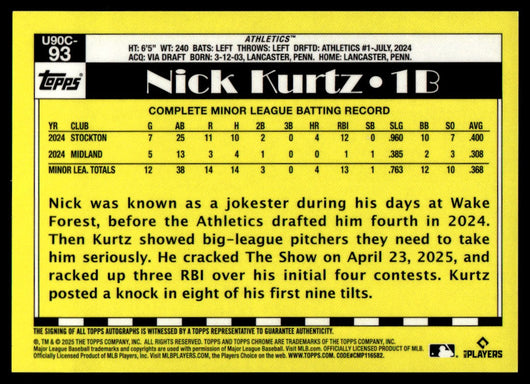 2025 Topps Chrome Update 1990 Silver Pack Nick Kurtz Rookie RC Mojo Auto /199