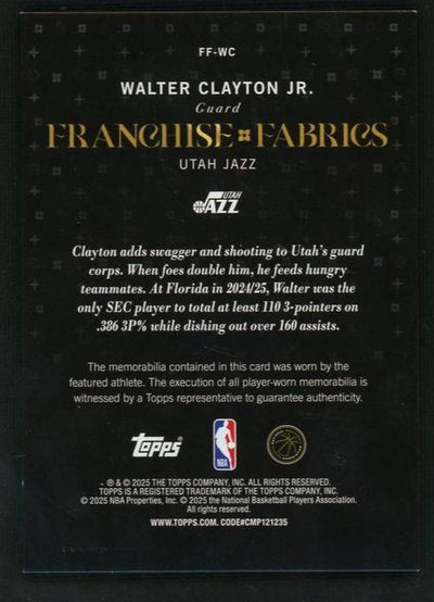 2023 Topps FF-WC Walter Clayton Jr. Franchise Fabrics Rookie /25 Utah Jazz