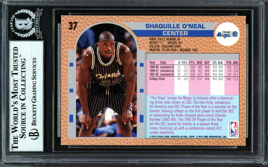Shaquille Shaq O'Neal Autographed 1992-93 Fleer Drake's Rookie Card #37 Orlando Magic Beckett BAS #13446733