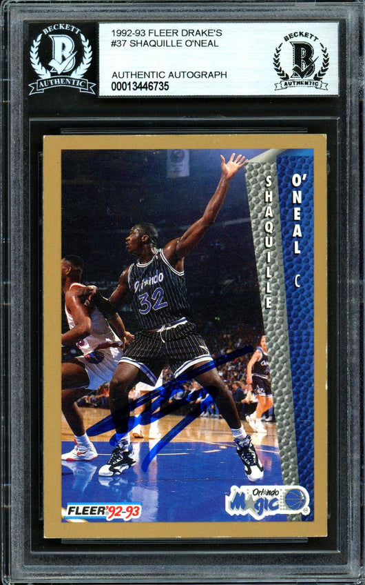 Shaquille Shaq O'Neal Autographed 1992-93 Fleer Drake's Rookie Card #37 Orlando Magic Beckett BAS #13446735