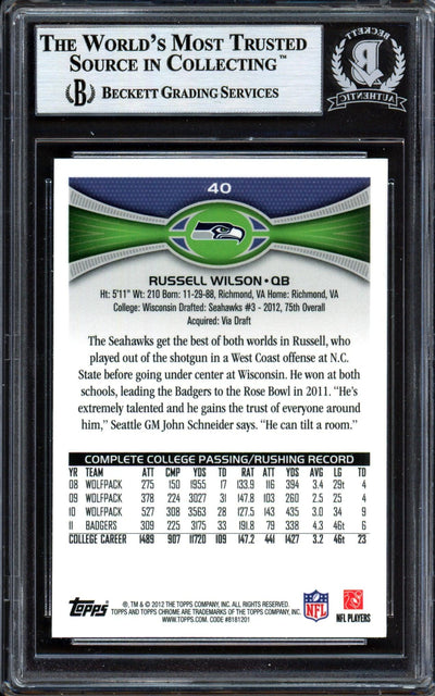 Russell Wilson Autographed 2012 Topps Chrome Rookie Card #40 Seattle Seahawks Beckett BAS #13447113