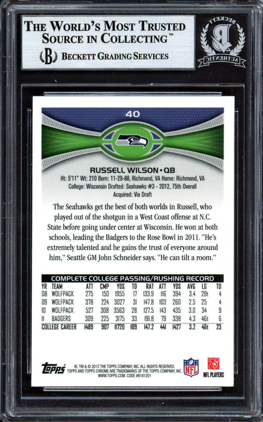 Russell Wilson Autographed 2012 Topps Chrome Rookie Card #40 Seattle Seahawks Beckett BAS #13447113