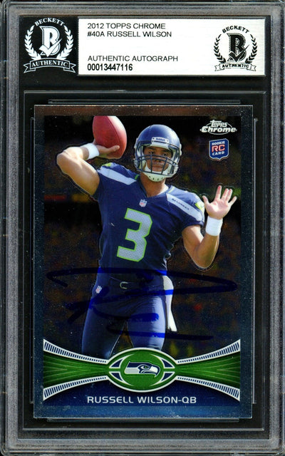 Russell Wilson Autographed 2012 Topps Chrome Rookie Card #40 Seattle Seahawks (Bubbling) Beckett BAS #13447116