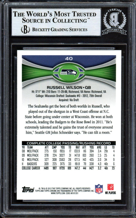 Russell Wilson Autographed 2012 Topps Chrome Rookie Card #40 Seattle Seahawks (Bubbling) Beckett BAS #13447116