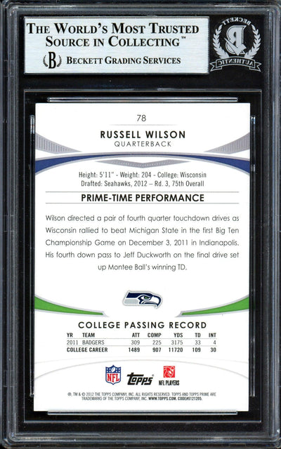 Russell Wilson Autographed 2012 Topps Prime Rookie Card #78 Seattle Seahawks Beckett BAS #13447127