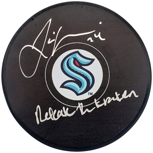 Jamie Oleksiak Autographed Official Seattle Kraken Logo Hockey Puck "Release the Kraken" Fanatics Holo Stock #200859