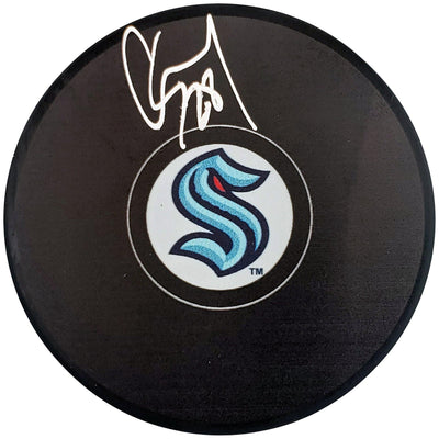 Carson Soucy Autographed Official Seattle Kraken Logo Hockey Puck Fanatics Holo Stock #200866