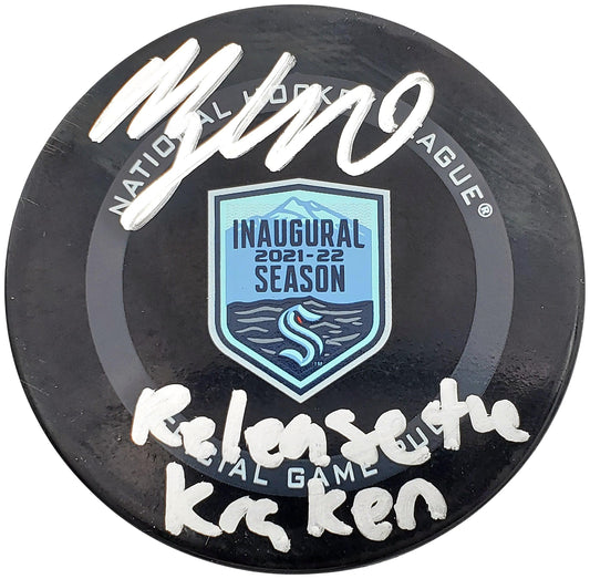 Morgan Geekie Autographed Official Seattle Kraken Logo Hockey Puck Inaugural Season Logo "Release the Kraken" Fanatics Holo Stock #200884