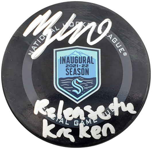 Morgan Geekie Autographed Official Seattle Kraken Logo Hockey Puck Inaugural Season Logo "Release the Kraken" Fanatics Holo Stock #200884