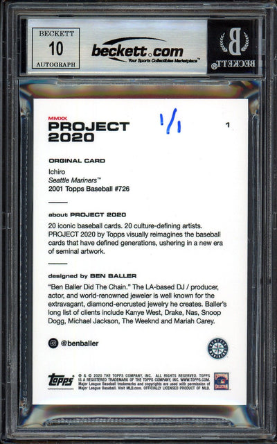 Ichiro Suzuki Autographed Topps Project 2020 Ben Baller Card #1 Seattle Mariners Auto Grade Gem Mint 10 "01 MVP" Silver #1/1 Beckett BAS #13713424