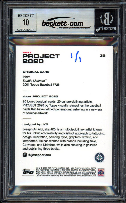 Ichiro Suzuki Autographed Topps Project 2020 JK5 Card #32 Seattle Mariners Auto Grade Gem Mint 10 "01 ROY/MVP" Blue #1/1 Beckett BAS #13713422