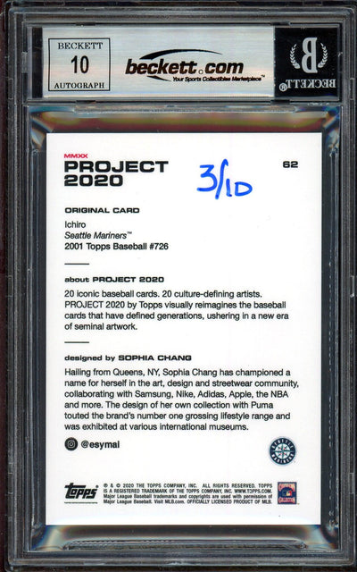 Ichiro Suzuki Autographed Topps Project 2020 Sophia Chang Card #62 Seattle Mariners Auto Grade Gem Mint 10 Lime Green #/10 Beckett BAS Stock #200955