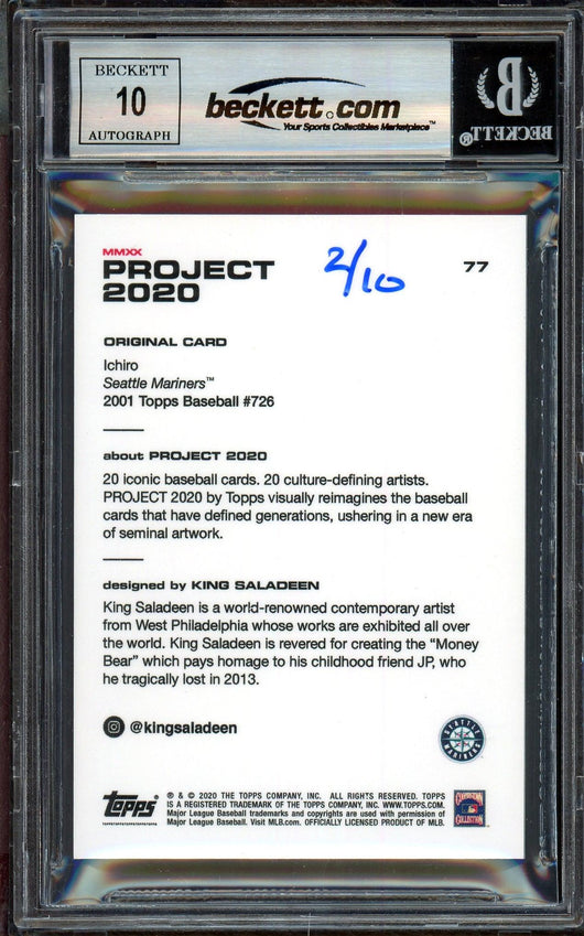 Ichiro Suzuki Autographed Topps Project 2020 King Saladeen Card #77 Seattle Mariners Auto Grade Gem Mint 10 Black #/10 Beckett BAS Stock #200961