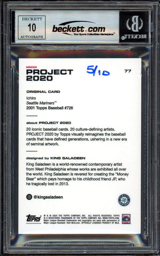 Ichiro Suzuki Autographed Topps Project 2020 King Saladeen Card #77 Seattle Mariners Auto Grade Gem Mint 10 Teal #/10 Beckett BAS Stock #200962