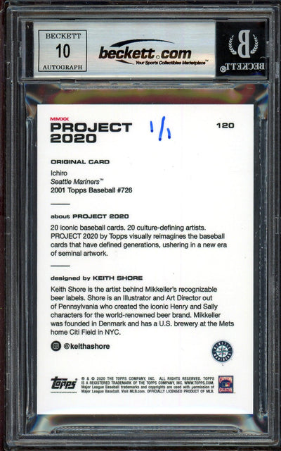 Ichiro Suzuki Autographed Topps Project 2020 Keith Shore Card #120 Seattle Mariners Auto Grade Gem Mint 10 "01 ROY/MVP" Blue #1/1 Beckett BAS #13712602