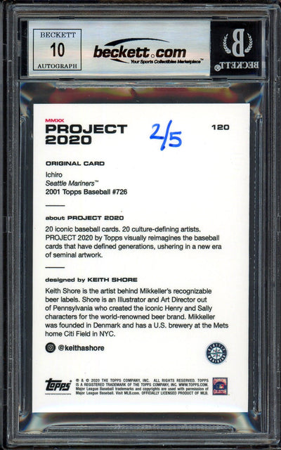 Ichiro Suzuki Autographed Topps Project 2020 Keith Shore Card #120 Seattle Mariners Auto Grade Gem Mint 10 Blue #/5 Beckett BAS Stock #200964