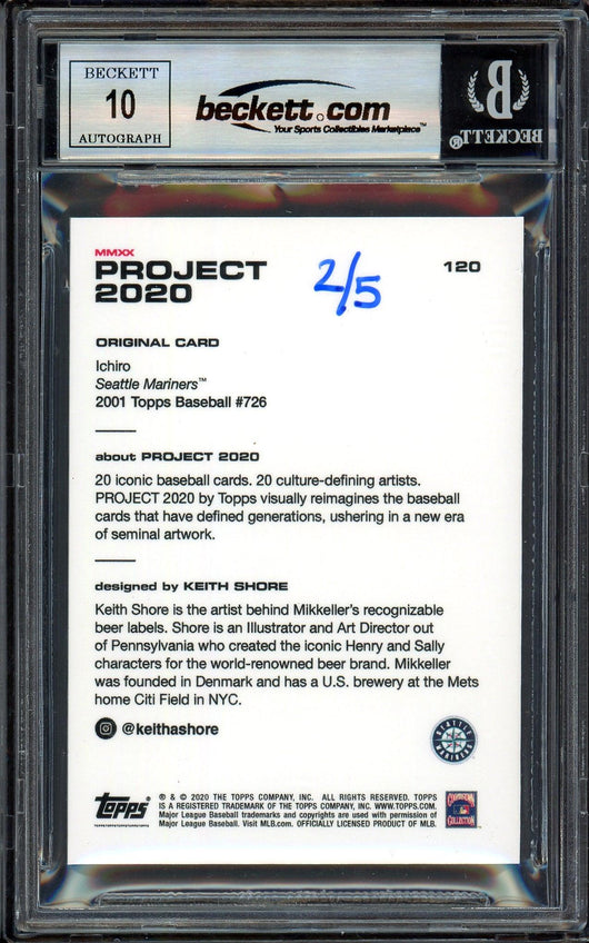Ichiro Suzuki Autographed Topps Project 2020 Keith Shore Card #120 Seattle Mariners Auto Grade Gem Mint 10 Blue #/5 Beckett BAS Stock #200964