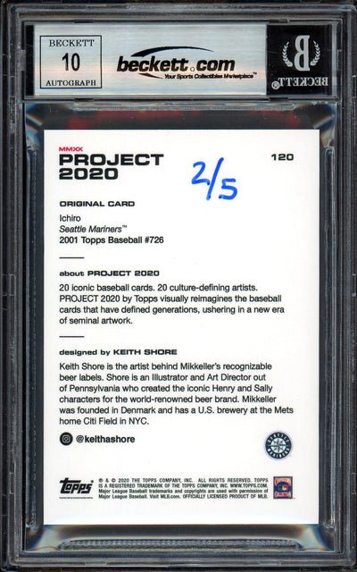 Ichiro Suzuki Autographed Topps Project 2020 Keith Shore Card #120 Seattle Mariners Auto Grade Gem Mint 10 Teal #/5 Beckett BAS Stock #200966