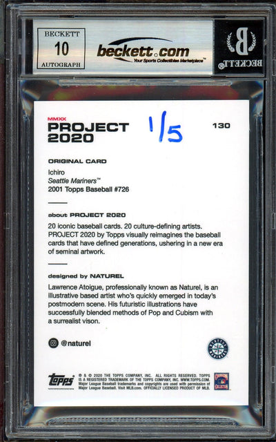 Ichiro Suzuki Autographed Topps Project 2020 Naturel Card #130 Seattle Mariners Auto Grade Gem Mint 10 Lime Green #1/5 Beckett BAS #13712649