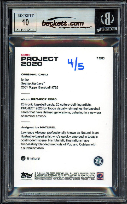 Ichiro Suzuki Autographed Topps Project 2020 Naturel Card #130 Seattle Mariners Auto Grade Gem Mint 10 Black #4/5 Beckett BAS #13712653