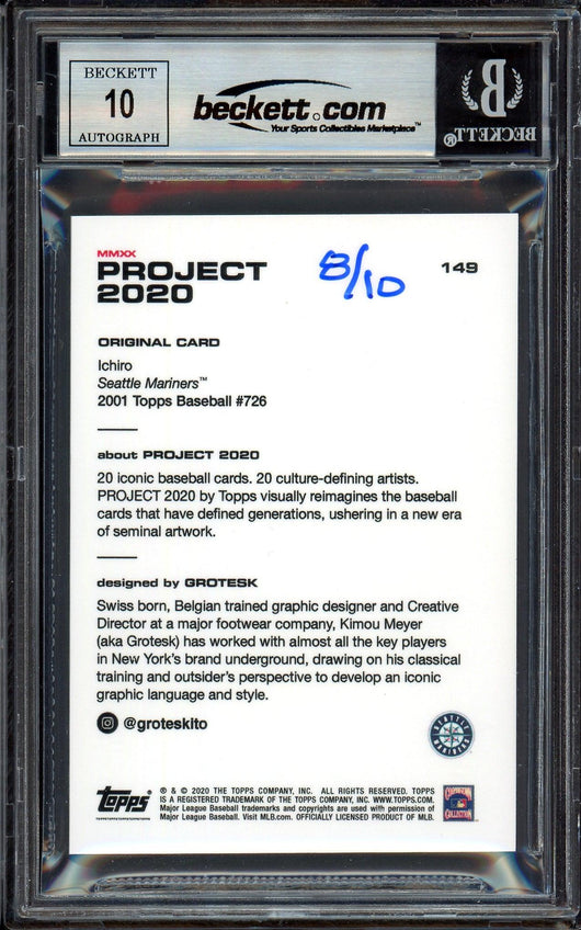 Ichiro Suzuki Autographed Topps Project 2020 Grotesk Card #149 Seattle Mariners Auto Grade Gem Mint 10 Black #8/10 Beckett BAS #13712772