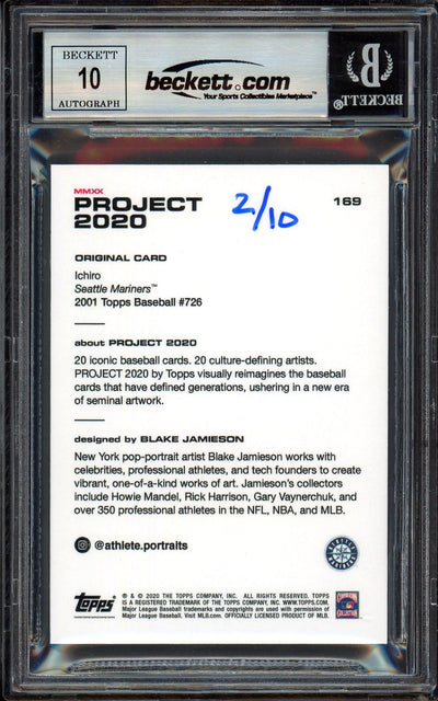 Ichiro Suzuki Autographed Topps Project 2020 Blake Jamieson Card #169 Seattle Mariners Auto Grade Gem Mint 10 Blue #/10 Beckett BAS Stock #200984
