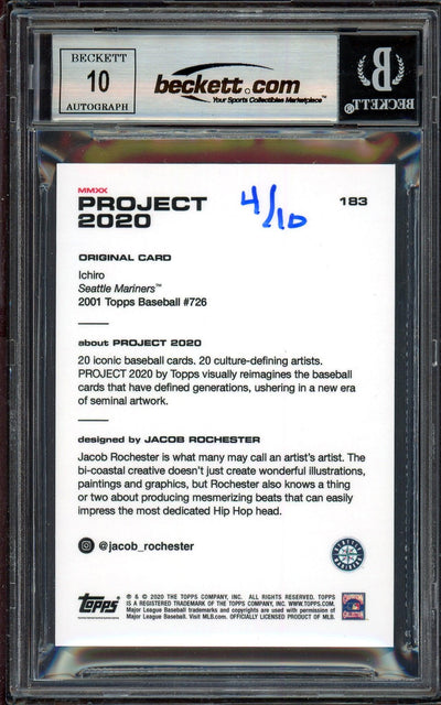 Ichiro Suzuki Autographed Topps Project 2020 Jacob Rochester Card #183 Seattle Mariners Auto Grade Gem Mint 10 Lime Green #/10 Beckett BAS Stock #200991