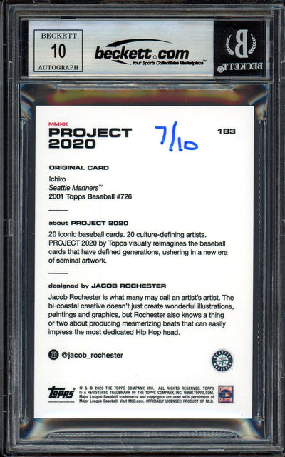 Ichiro Suzuki Autographed Topps Project 2020 Jacob Rochester Card #183 Seattle Mariners Auto Grade Gem Mint 10 Black #/10 Beckett BAS Stock #200992