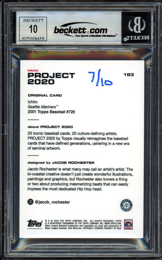 Ichiro Suzuki Autographed Topps Project 2020 Jacob Rochester Card #183 Seattle Mariners Auto Grade Gem Mint 10 Black #/10 Beckett BAS Stock #200992